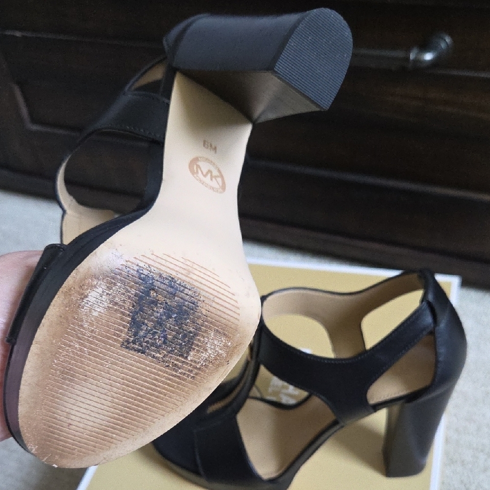 MICHAEL Michael Kors Black Leather Gold-Zip T-Strap Platform Heels - Picture 6 of 7